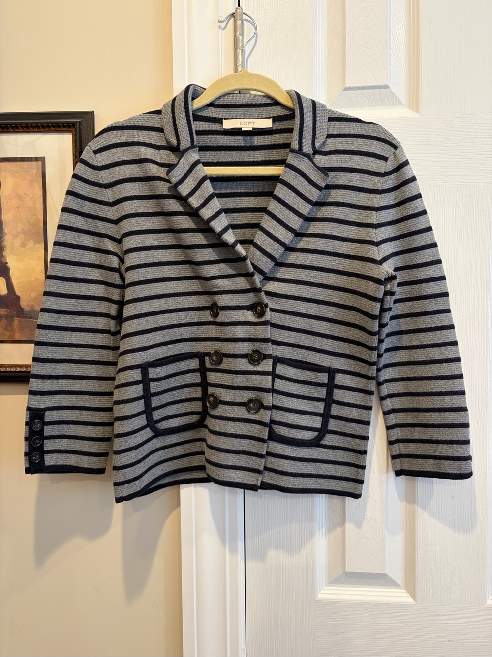 LOFT Navy and Gray Striped Double-Breasted Knit Blazer
